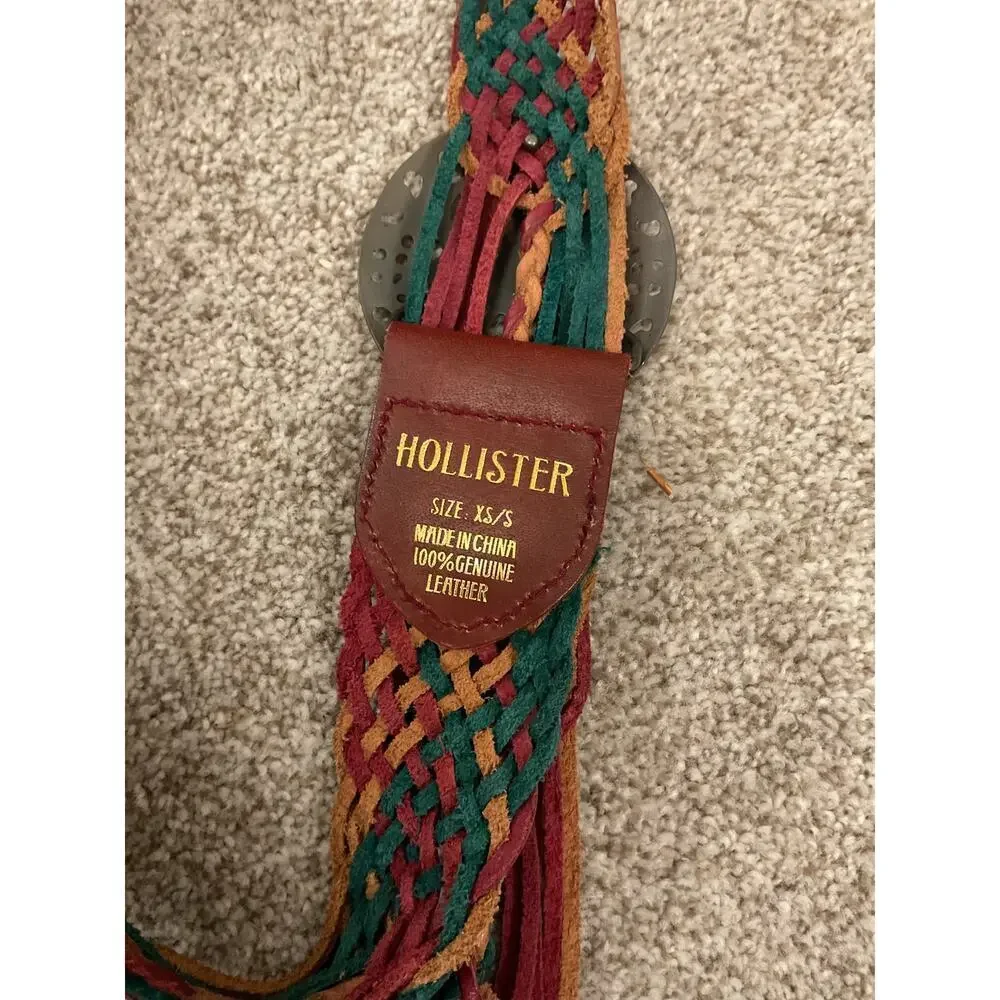 Hollister Y2K Boho 100% Leather Multicolored Braided Belt Brass Buckle, XS/S
